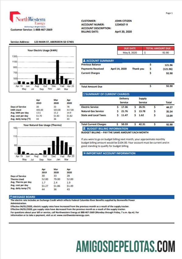 imprimível Modelo de conta de serviços públicos de energia do noroeste dos EUA em formato Word e PDF, versão 1